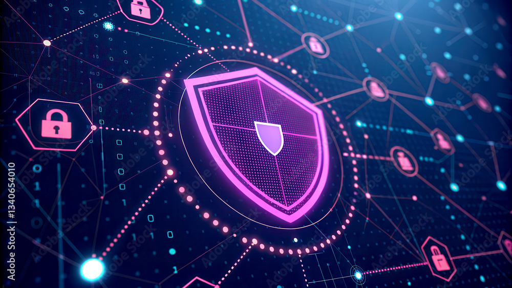 Poster glowing digital shield icon surrounded by network connections, locks, and encrypted data, representi