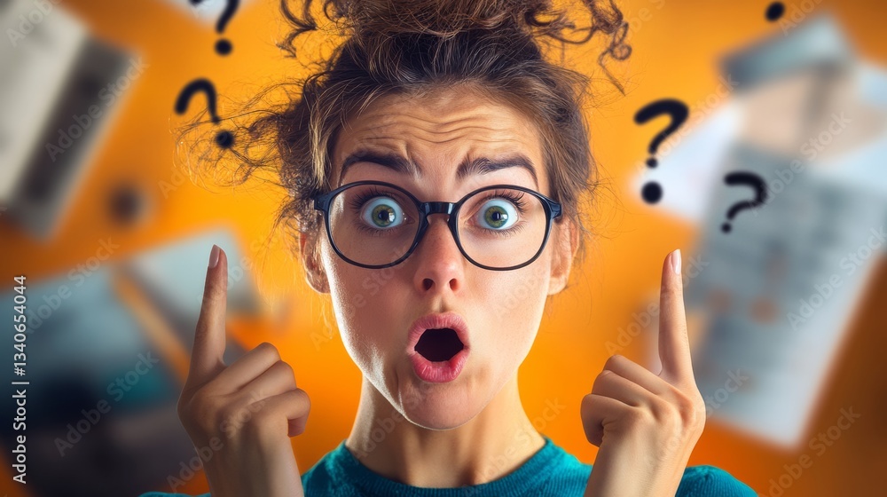 Poster woman with glasses and a surprised expression pointing at something. the image is a collage of vario