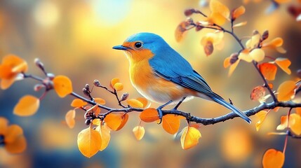 Obraz premium A vibrant bird perched on a branch with autumn leaves.