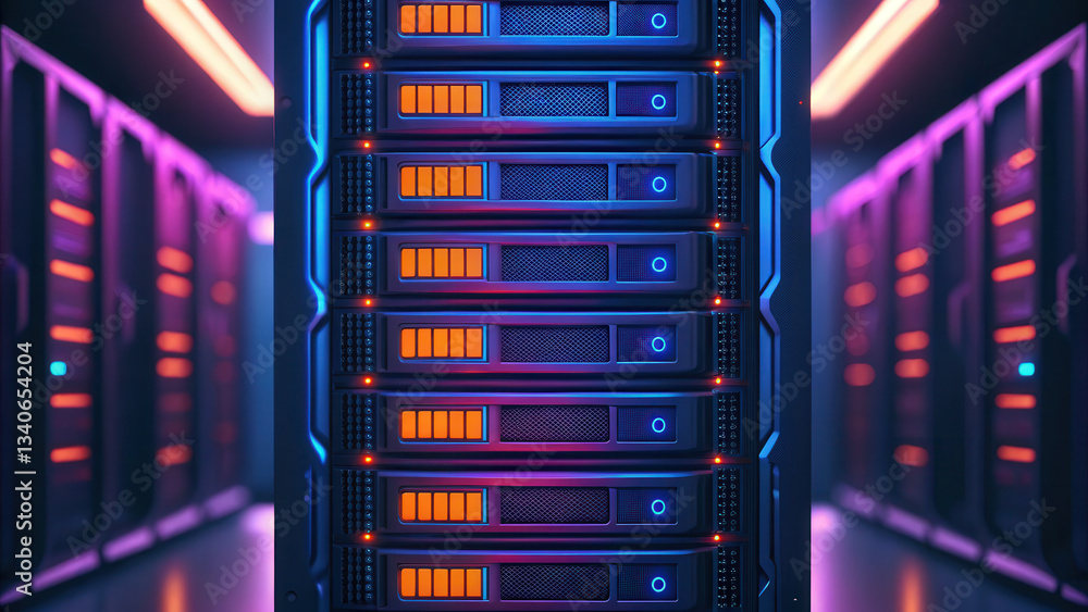 Poster high tech server room with illuminated data storage units, showcasing cybersecurity, data, protectio