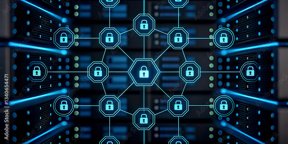 Poster digital network with interconnected locks symbolizes cybersecurity, data, protection, and secure con