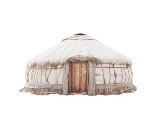 a white yurt with a wooden door