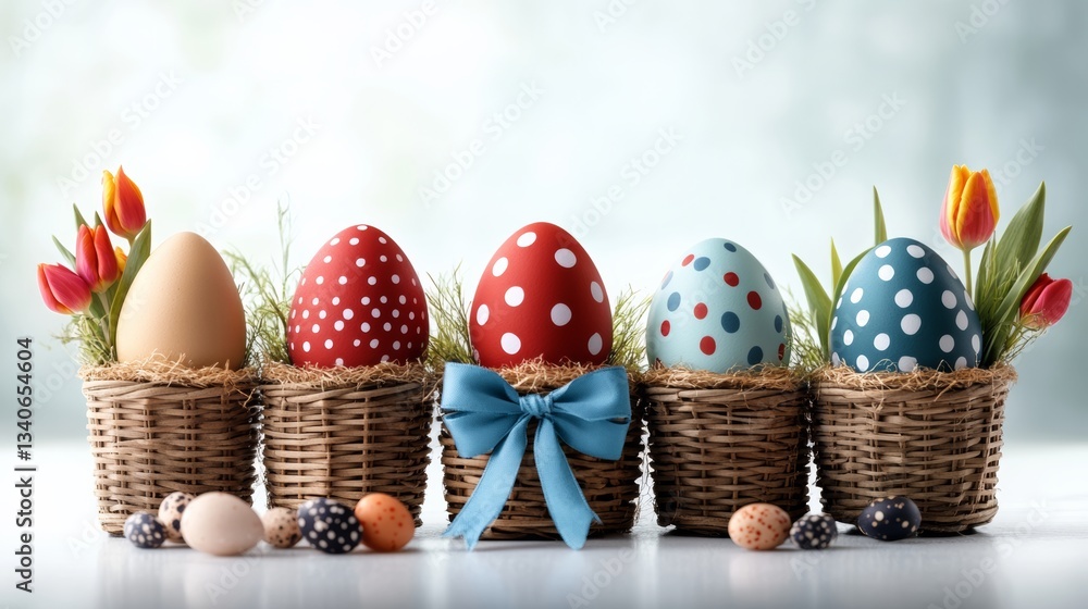 Aufkleber row of colorful eggs with polka dots and a blue ribbon. the eggs are in baskets and are surrounded b