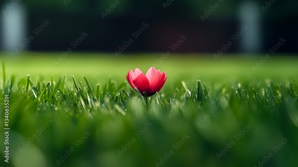 Aufkleber small red flower is sitting in the grass. the flower is surrounded by green grass and is the only th