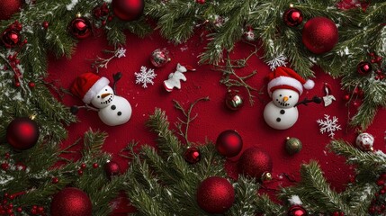 Christmas decorations flat lay, snowy snowman figures, vibrant red background, festive ornaments, holiday celebrations, winter season, cheerful atmosphere, home decor.
