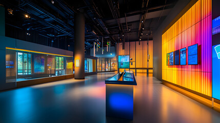 Fototapeta premium A smart museum with solar energy solutions, featuring modern art installations and LED lighting to create a dynamic and energy-efficient cultural space.