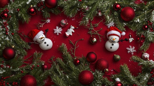 Christmas decorations flat lay, snowy snowman figures, vibrant red background, festive ornaments, holiday celebrations, winter season, cheerful atmosphere, home decor.
