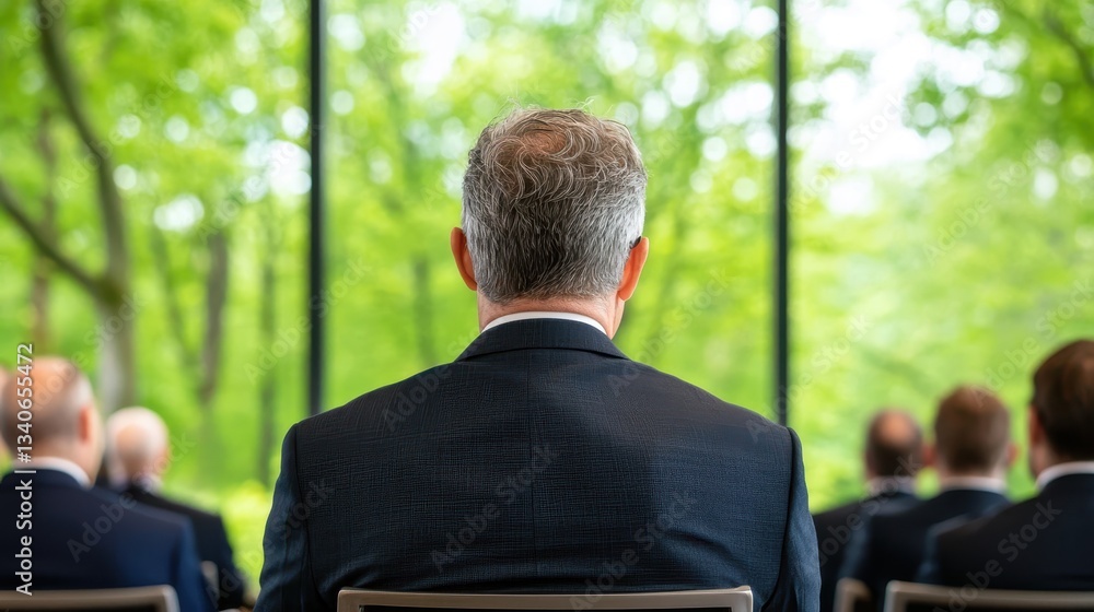 Poster a man in a suit sits in front of a large window, surrounded by greenery, attending a conference or m