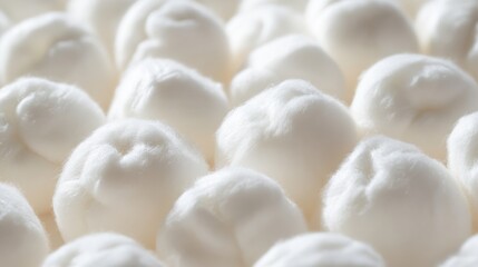 A close-up of soft, white cotton balls neatly arranged on a clean surface, showcasing their fluffy texture. The bright lighting enhances the purity and hygiene of the material.
