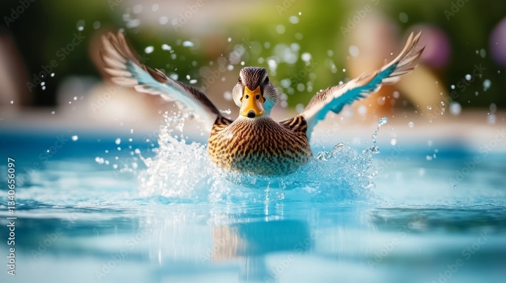 Poster duck is swimming in a pool and splashing water. concept of playfulness and joy as the duck enjoys it