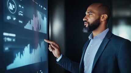 Businessman analyzing financial data on a digital screen. Corporate analytics and technology-driven decision-making