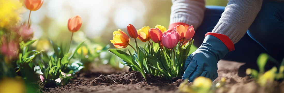 Banner - Arbeit im Garten im Fr&uuml;hling Blumen umtopfen