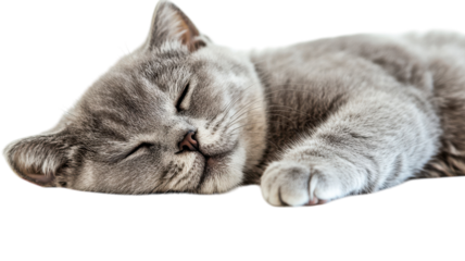 Soft gray cat peacefully sleeping on a plush surface in warm sunlight