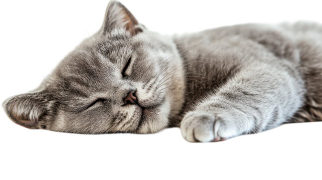 Soft gray cat peacefully sleeping on a plush surface in warm sunlight