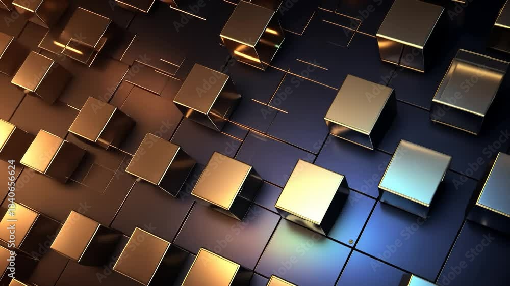 Poster abstract geometric pattern of interlocking cubes in various metallic tones