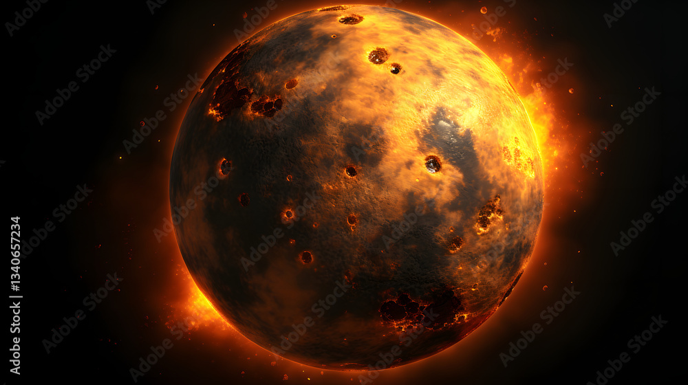Poster a bright sun with fiery flames erupting from its center creating a powerful source of light and heat
