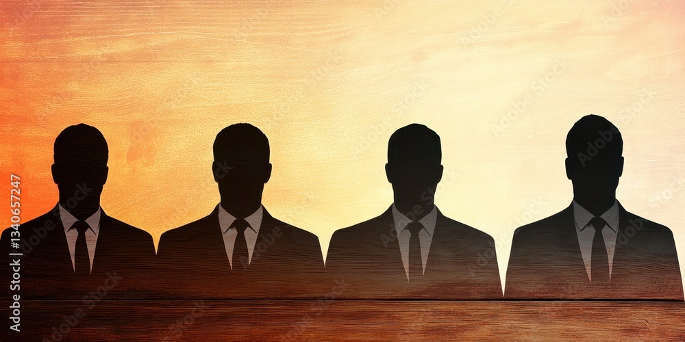 Poster silhouettes of four men in suits against a warm gradient background, conveying a sense of formality 