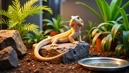 Dazzling bearded dragon basking on rock in terrarium, pet appreciation