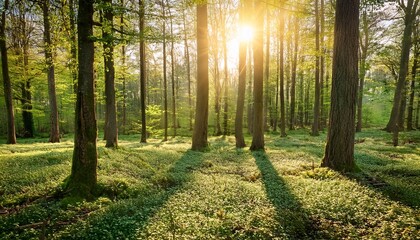 Obraz premium morning sun light in green forest in spring