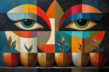 Abstract Cubism Representation of Indian Spices Arranged in Colorful Pots with Stylized Eyes in Background Art