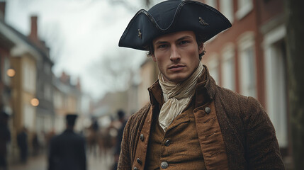 Dignified man in authentic 18th-century colonial attire in a revolutionary-era town