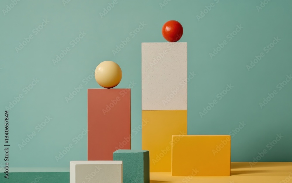 Poster abstract composition with colorful geometric shapes on a teal background including a red ball on a t