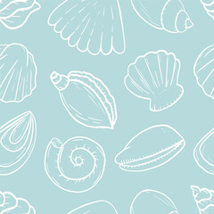 Vector seamless pattern of ocean seashells in soft blues, beige, and pearlescent tones, elegant and airy.