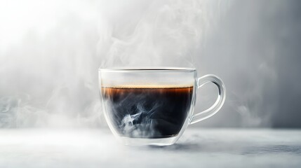 Steaming cup of dark coffee is shown in glass