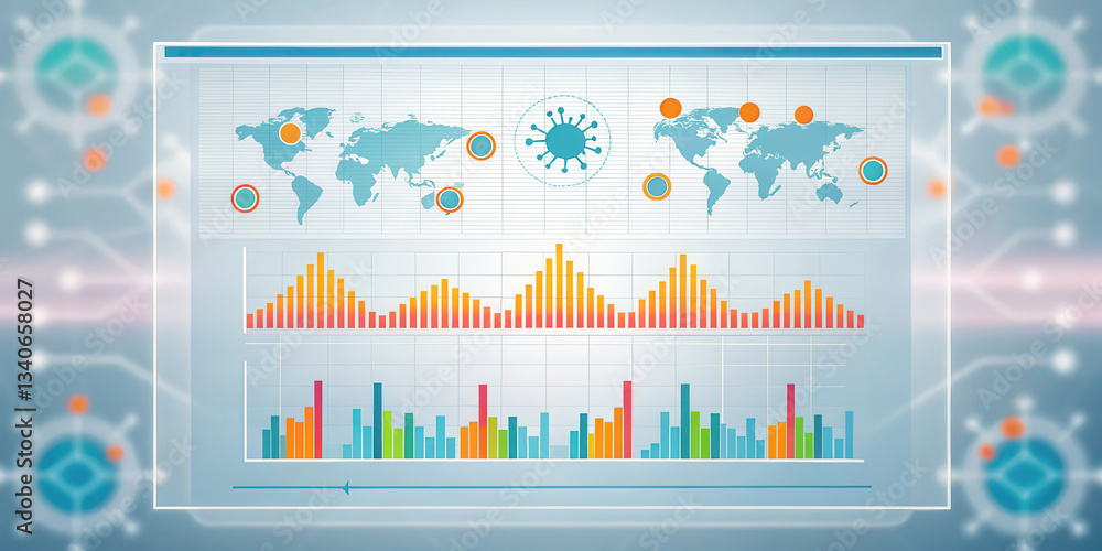Poster global health pandemic concept. data visualization with world maps, charts, and graphs illustrating 
