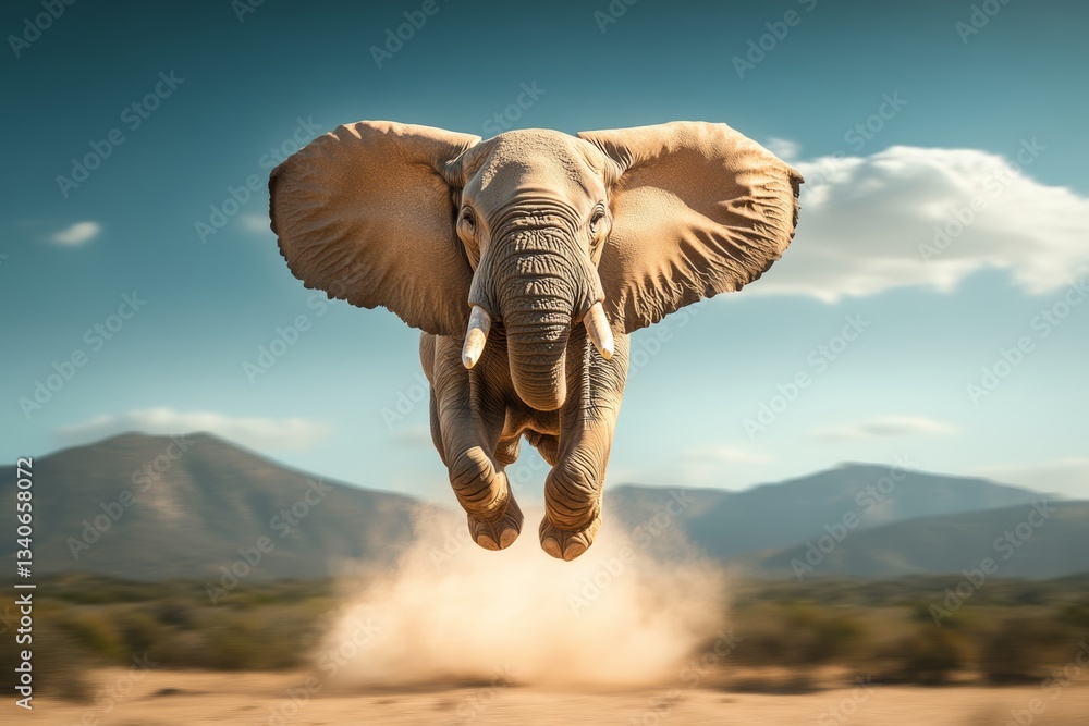 Poster large elephant is leaping into the air, surrounded by a cloud of dust. the scene is dynamic and full
