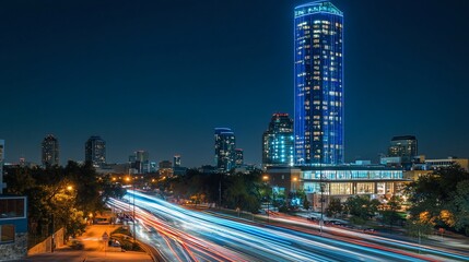 Naklejka premium Cityscape night view with light trails from traffic and tall illuminated buildings