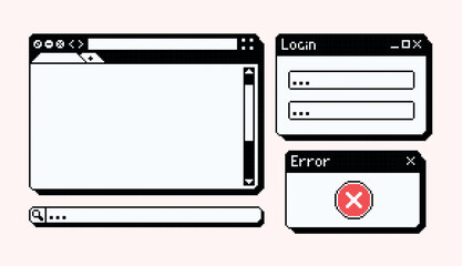 Windows browser interface pixel art set. Login, error frame collection. 8 bit. Game development, mobile app. Isolated vector illustration.