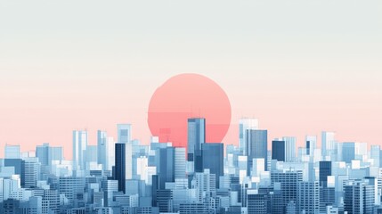 Fototapeta premium Blue stylized cityscape against a pink sunset background