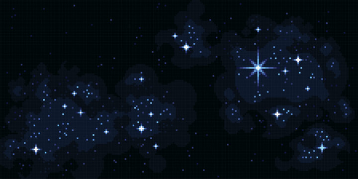 Cosmic space pixel art landscape. Starring night scenery.  8 bit. Game development, mobile app. Isolated vector illustration.