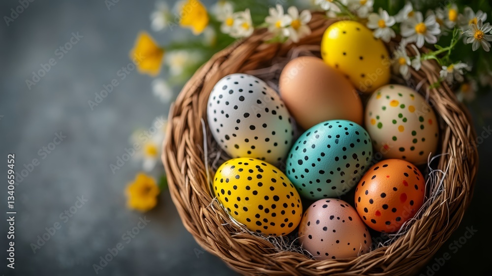 Poster basket of eggs with polka dots on them. the basket is full of eggs of different colors and sizes