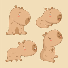 Cute Capybara collection. Isolated funny character kawaii character. Vector illustration