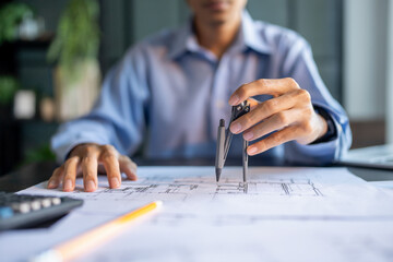 Architecture Man drawing on architectural Creative project business architecture building construction Industrial engineering Achievement Planning