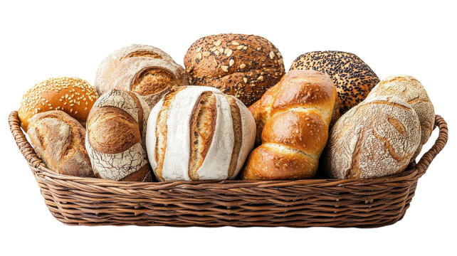Varied artisan breads displayed in a rustic basket ready for indulgence