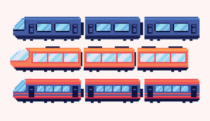 Train wagon pixel art set. Locomotive, railway transport collection. 8 bit. Game development, mobile app. Isolated vector illustration.