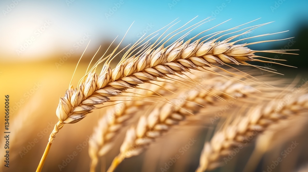 Poster field of wheat with a sun shining on it. the wheat is tall and golden. the sun is setting in the bac