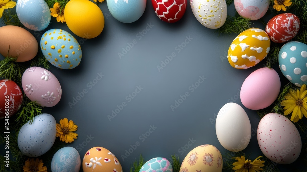 Poster colorful arrangement of eggs with a blue and yellow flower in the center. the eggs are painted in va