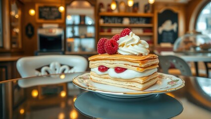 Fototapeta premium Raspberry mille-feuille pastry on plate in cafe