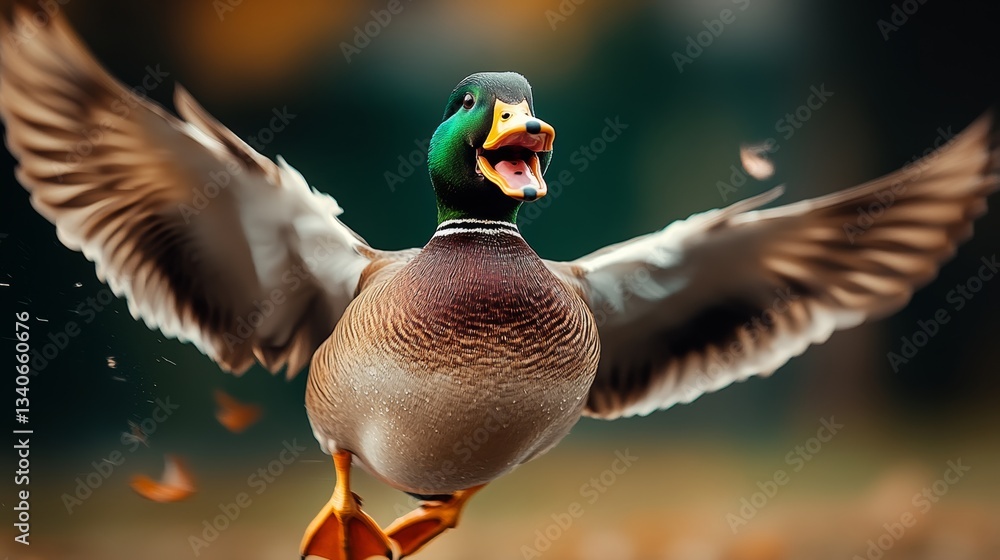 Poster duck is flying in the air with its mouth open. the duck is in a playful mood and he is enjoying its 