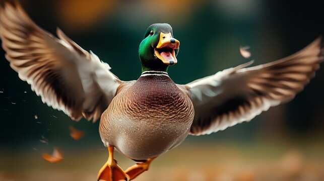 Duck is flying in the air with its mouth open. The duck is in a playful mood and he is enjoying its flight