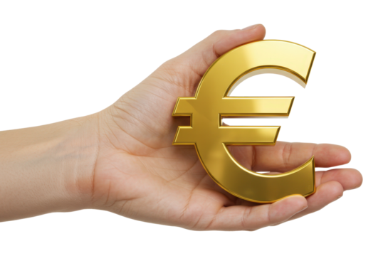 Hand holding a golden euro symbol against a white background highlighting currency and finance concepts on a transparent background.