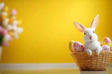 White rabbit is sitting in a basket full of Easter eggs. The basket is on a yellow background