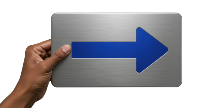 Hand holding a metallic sign with a blue right arrow indicating direction on a transparent background.