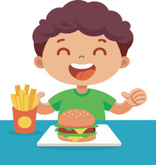 Vsai happy child eating burger and french fries at table