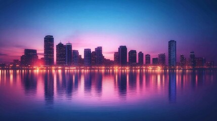 Fototapeta premium A vibrant city skyline at dusk reflecting on calm waters.