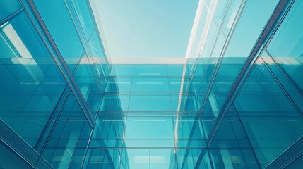 Fototapeta premium Modern Glass Architecture with Blue Hue reflecting sky and surrounding structures
